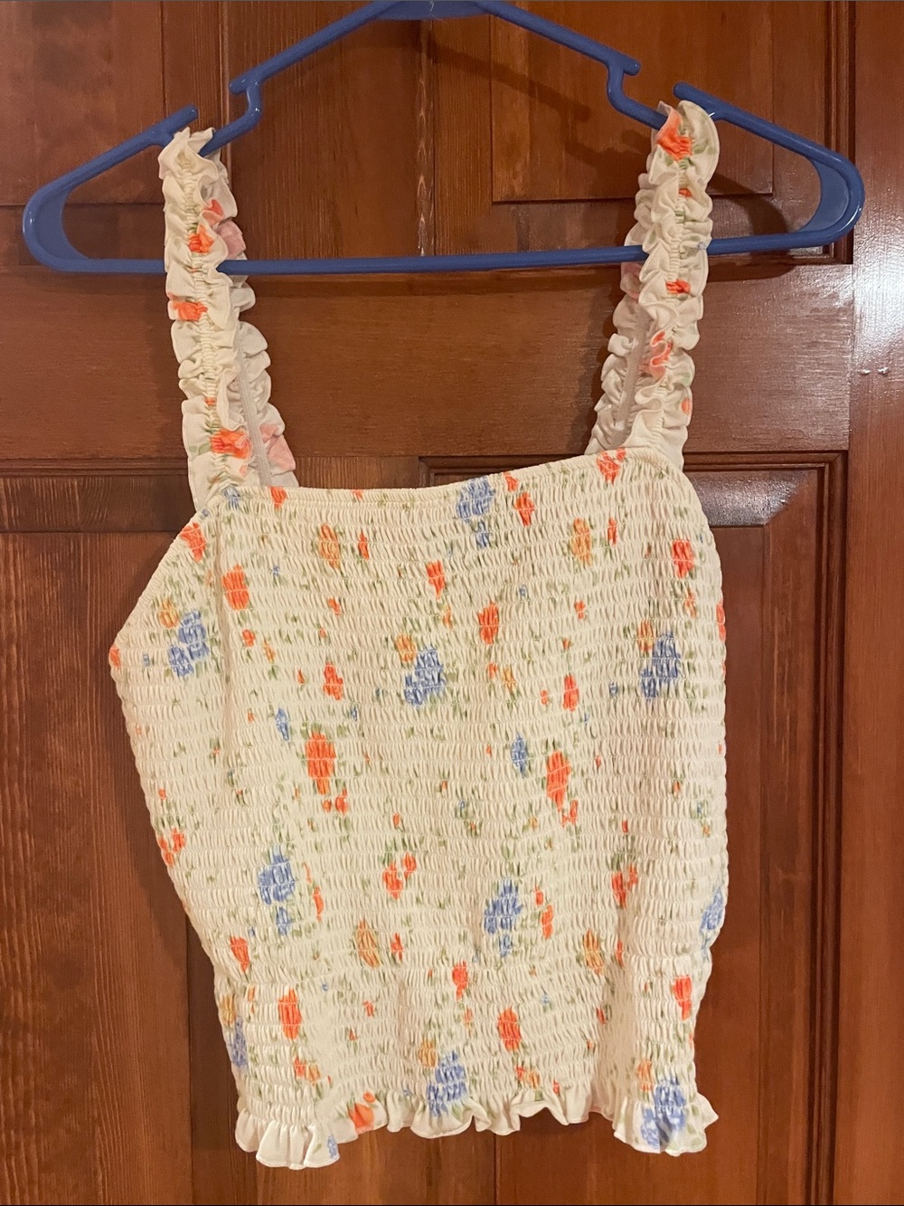 SO Cream Smocked Tank Top with Blue & Orange Floral Print Cropped